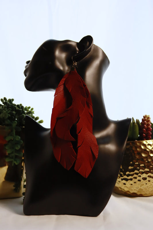 Red Feathery Leather Earrings