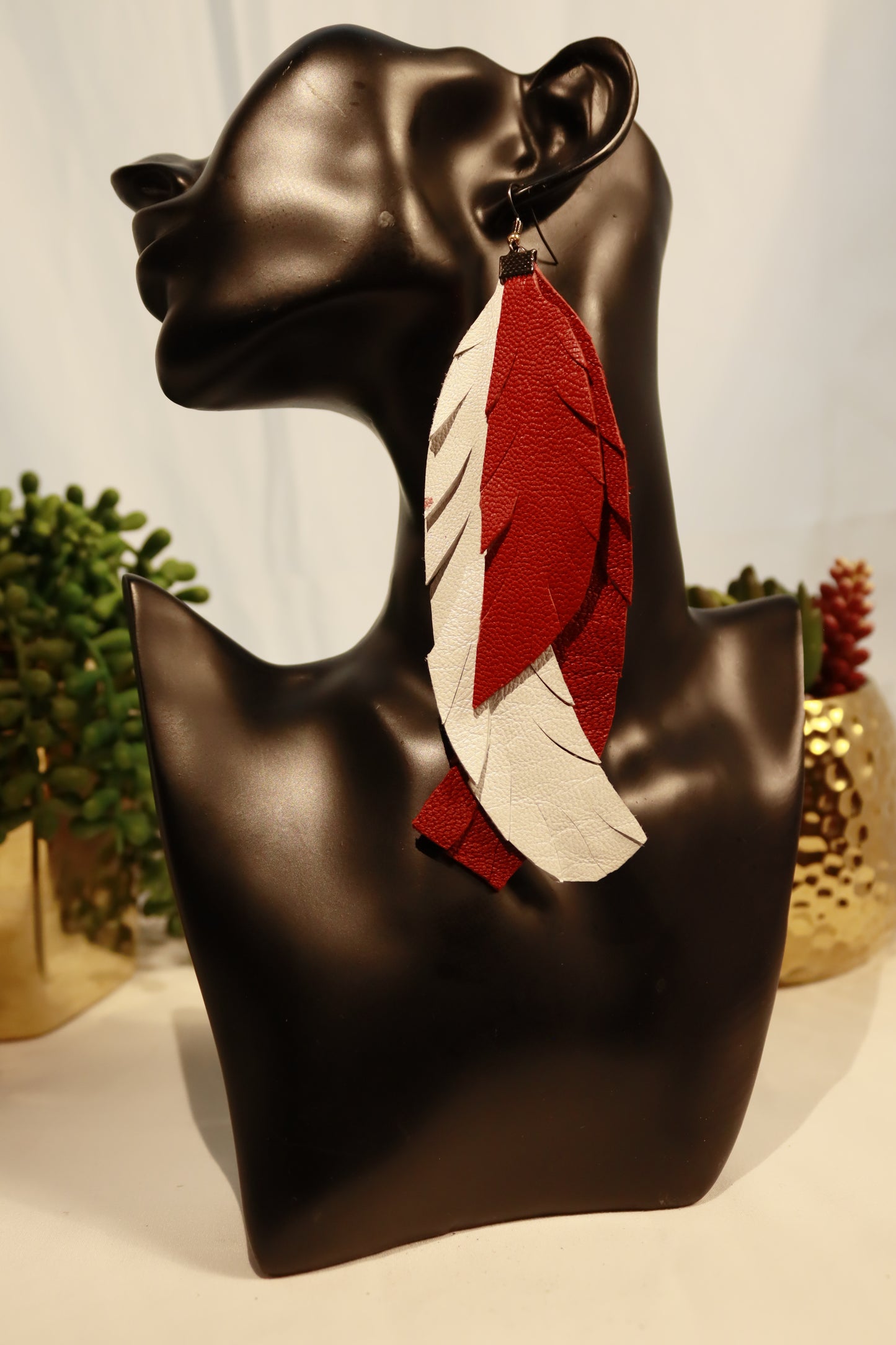 Red & White Leather Flowing Earrings